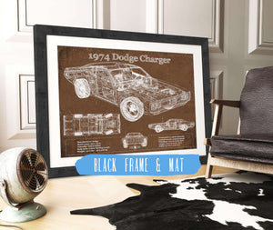 20" x 16" / Black Frame & Mat Cutler West 1974 Dodge Charger Vintage Blueprint Auto Print