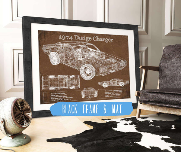 20" x 16" / Black Frame & Mat Cutler West 1974 Dodge Charger Vintage Blueprint Auto Print