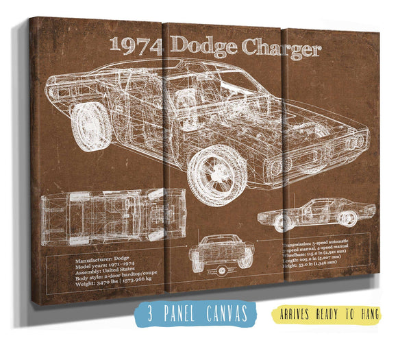 36" x 24" / 3 Panel Canvas Wrap Cutler West 1974 Dodge Charger Vintage Blueprint Auto Print