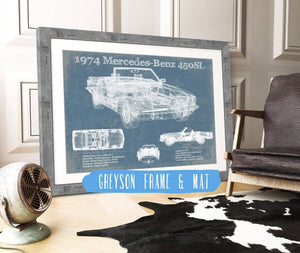 14" x 11" / Greyson Frame & Mat Cutler West 1974 Mercedes Benz 450SL Original Blueprint Art