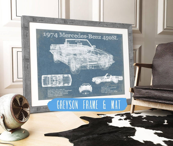 14" x 11" / Greyson Frame & Mat Cutler West 1974 Mercedes Benz 450SL Original Blueprint Art