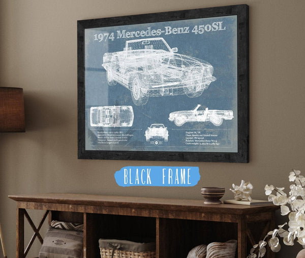 20" x 16" / Black Frame Cutler West 1974 Mercedes Benz 450SL Original Blueprint Art