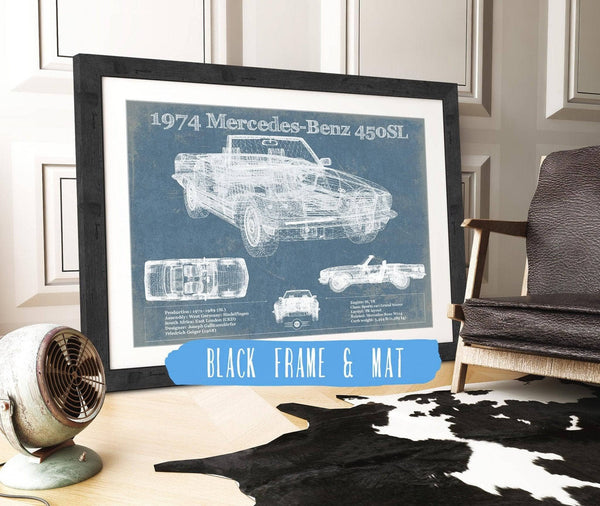 20" x 16" / Black Frame & Mat Cutler West 1974 Mercedes Benz 450SL Original Blueprint Art