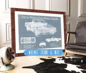 20" x 16" / Walnut Frame & Mat Cutler West 1974 Mercedes Benz 450SL Original Blueprint Art