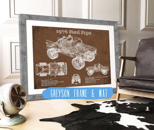 14" x 11" / Greyson Frame & Mat Cutler West 1976 Ford F150 Highboy Truck Vintage Blueprint Auto Print