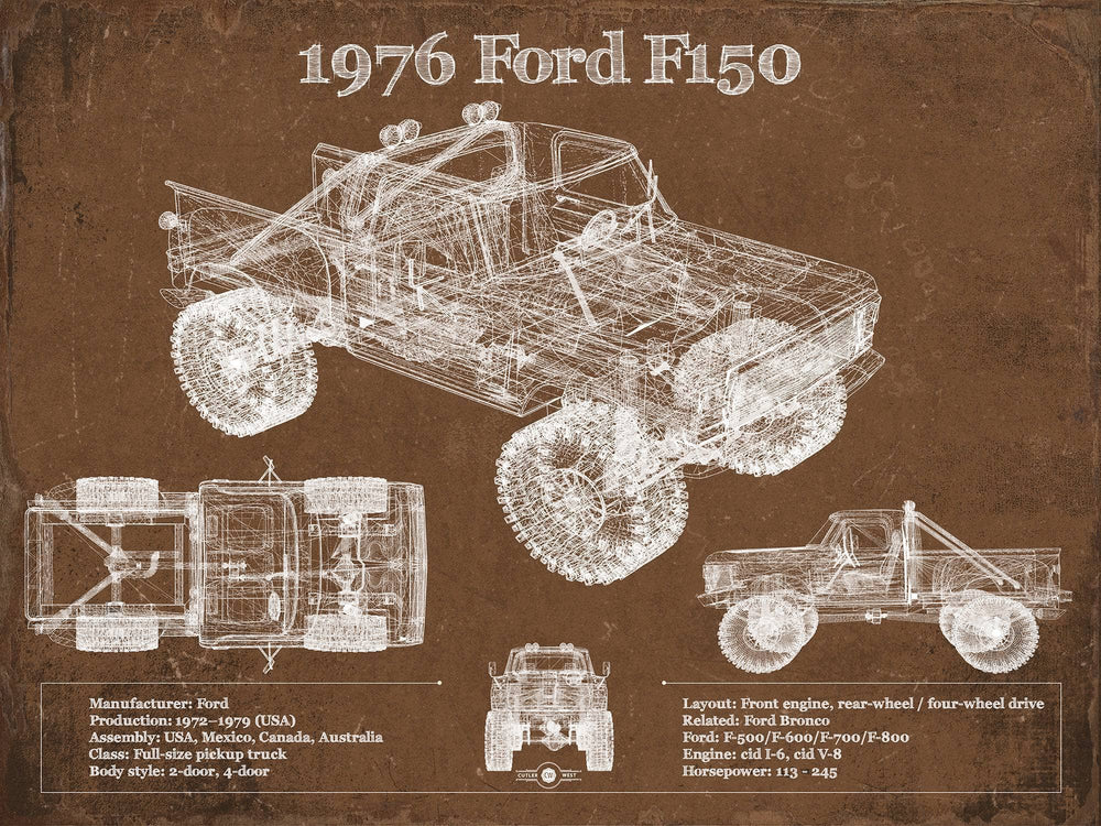 14" x 11" / Stretched Canvas Wrap Cutler West 1976 Ford F150 Highboy Truck Vintage Blueprint Auto Print