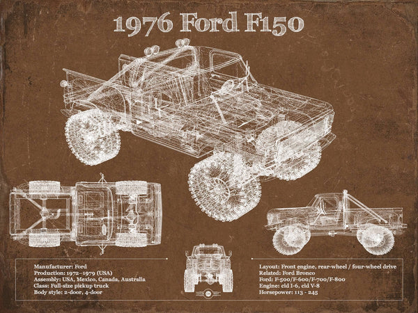 14" x 11" / Unframed Cutler West 1976 Ford F150 Highboy Truck Vintage Blueprint Auto Print