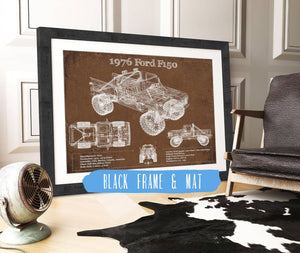 20" x 16" / Black Frame & Mat Cutler West 1976 Ford F150 Highboy Truck Vintage Blueprint Auto Print