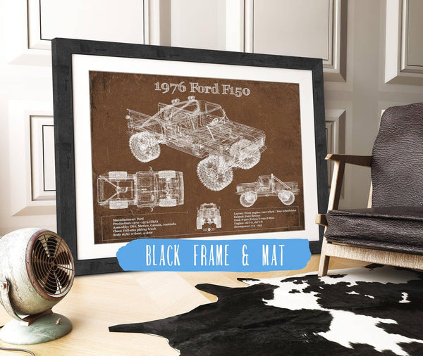 20" x 16" / Black Frame & Mat Cutler West 1976 Ford F150 Highboy Truck Vintage Blueprint Auto Print