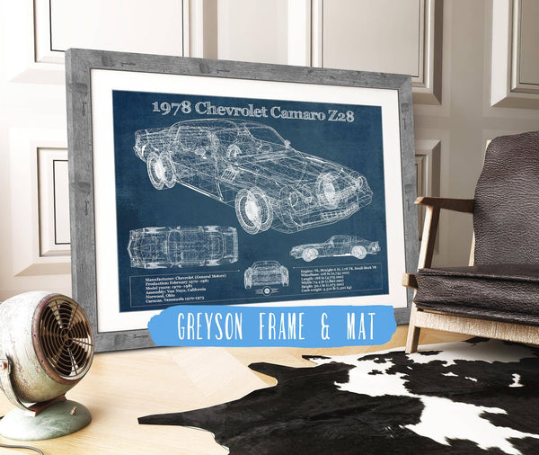 14" x 11" / Greyson Frame & Mat Cutler West 1978 Chevrolet Camaro Z28 Blueprint Vintage Auto Patent Print