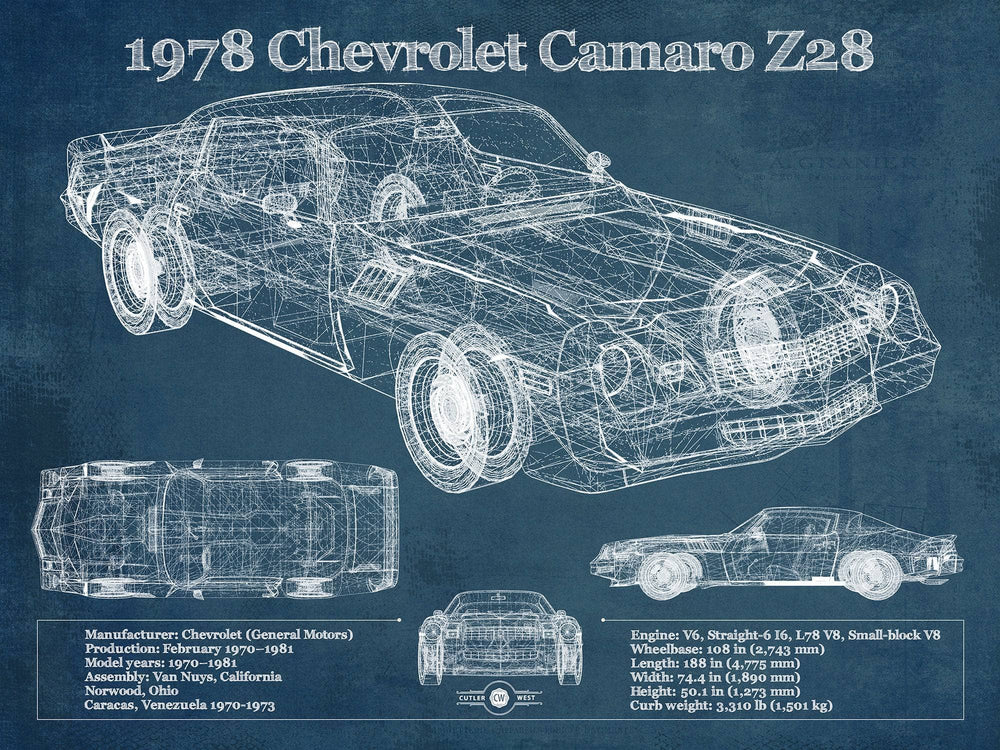 14" x 11" / Stretched Canvas Wrap Cutler West 1978 Chevrolet Camaro Z28 Blueprint Vintage Auto Patent Print