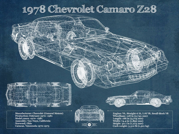 14" x 11" / Unframed Cutler West 1978 Chevrolet Camaro Z28 Blueprint Vintage Auto Patent Print