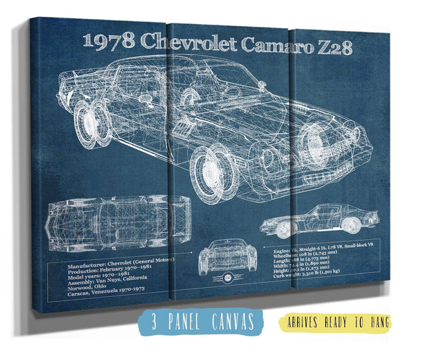36" x 24" / 3 Panel Canvas Wrap Cutler West 1978 Chevrolet Camaro Z28 Blueprint Vintage Auto Patent Print