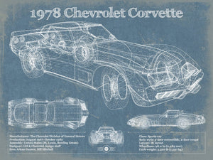 14" x 11" / Unframed Cutler West 1978 Chevrolet Corvette Blueprint Vintage Auto Print