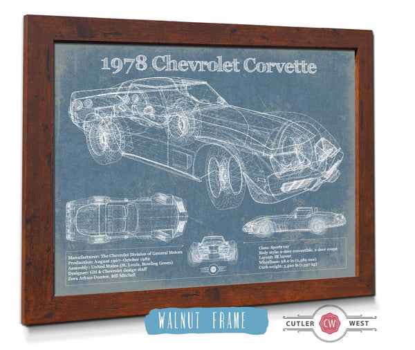 20" x 16" / Walnut Frame Cutler West 1978 Chevrolet Corvette Blueprint Vintage Auto Print