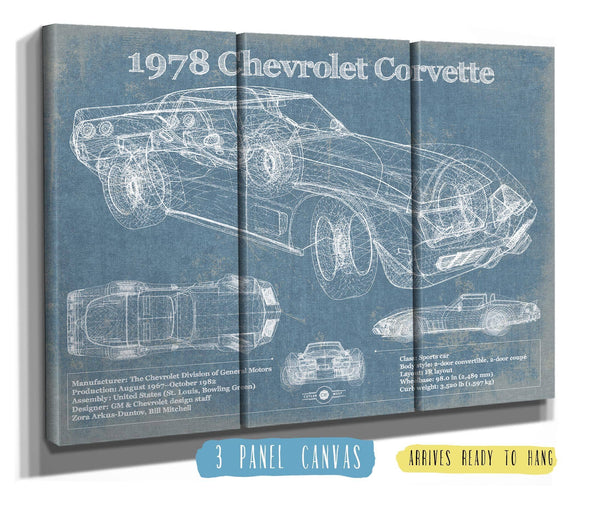 36" x 24" / 3 Panel Canvas Wrap Cutler West 1978 Chevrolet Corvette Blueprint Vintage Auto Print