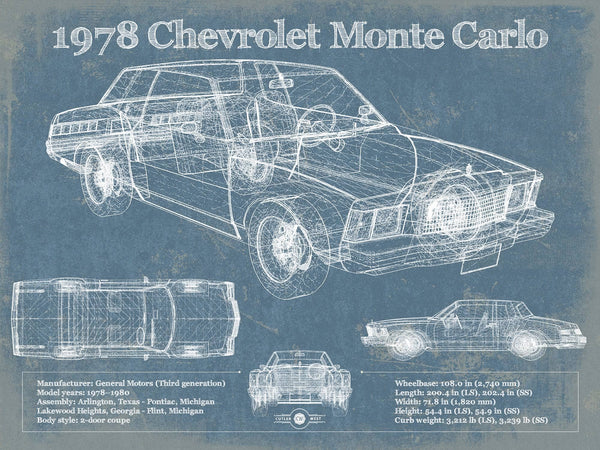 14" x 11" / Unframed Cutler West 1978 Chevrolet Monte Carlo Blueprint Vintage Auto Patent Print