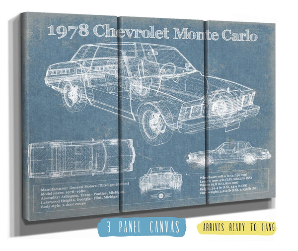 36" x 24" / 3 Panel Canvas Wrap Cutler West 1978 Chevrolet Monte Carlo Blueprint Vintage Auto Patent Print