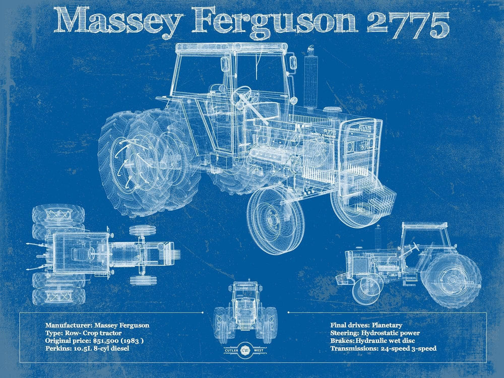 14" x 11" / Stretched Canvas Wrap Cutler West 1978 Massey Ferguson 2775 Tractor Vintage Blueprint Auto Print