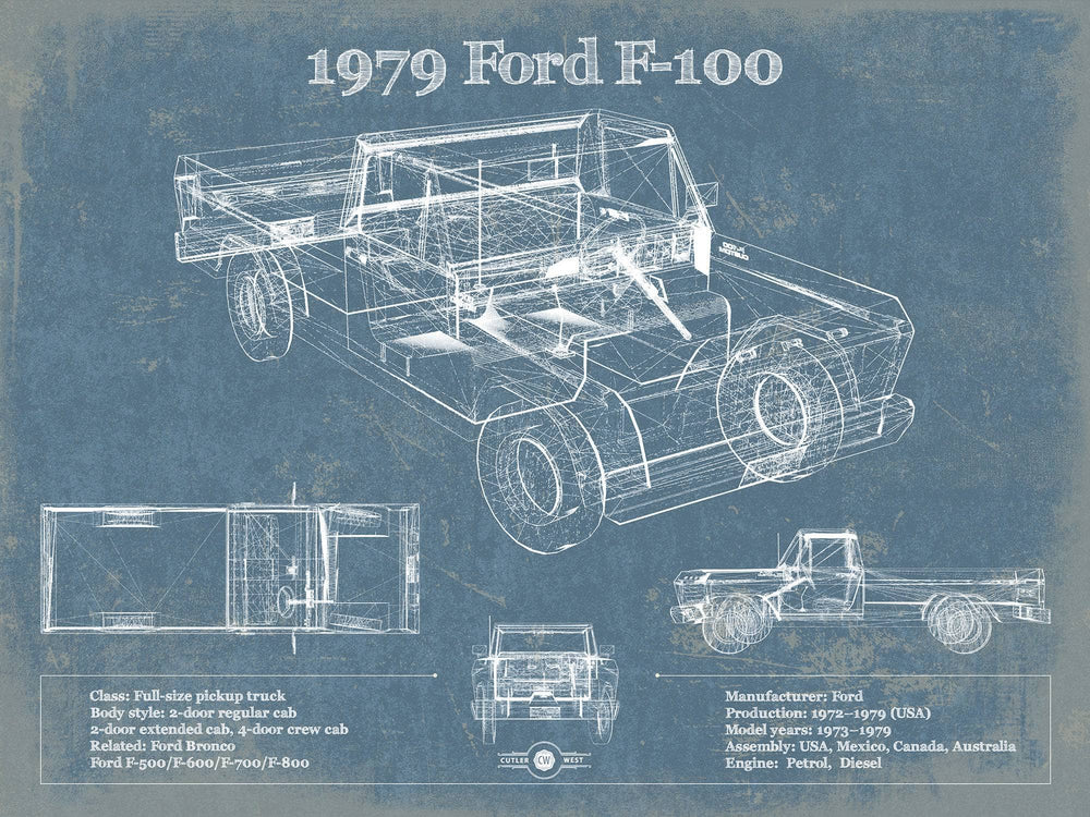 14" x 11" / Stretched Canvas Wrap Cutler West 1979 Ford F-100 Blueprint Vintage Auto Print