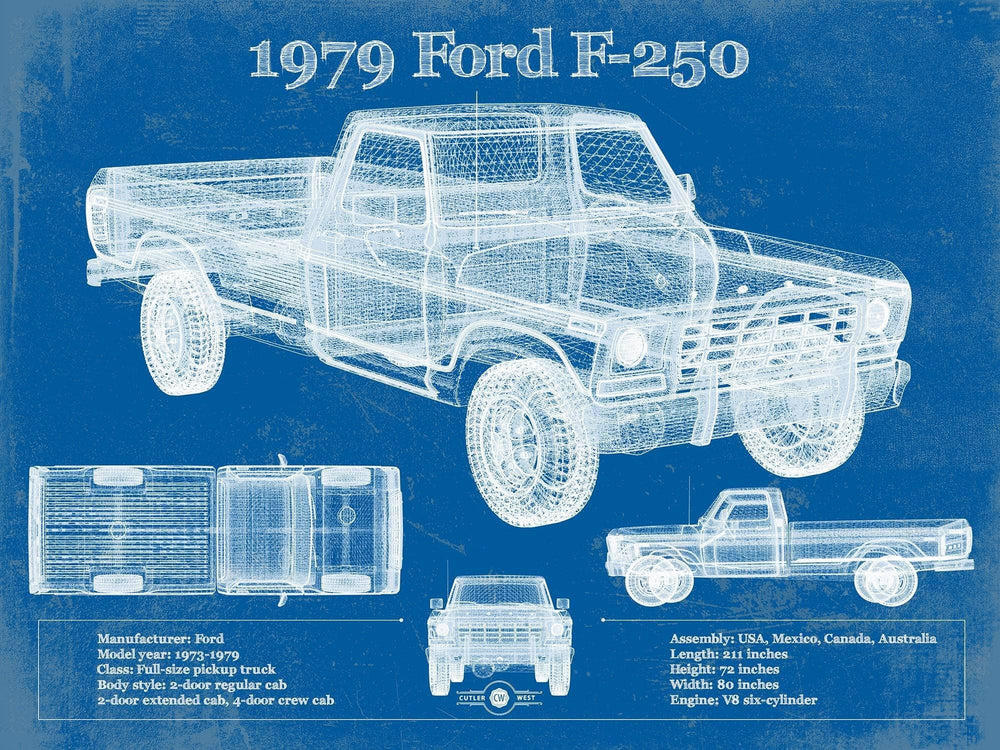 14" x 11" / Stretched Canvas Wrap Cutler West 1979 Ford F-250 Vintage Blueprint Auto Print