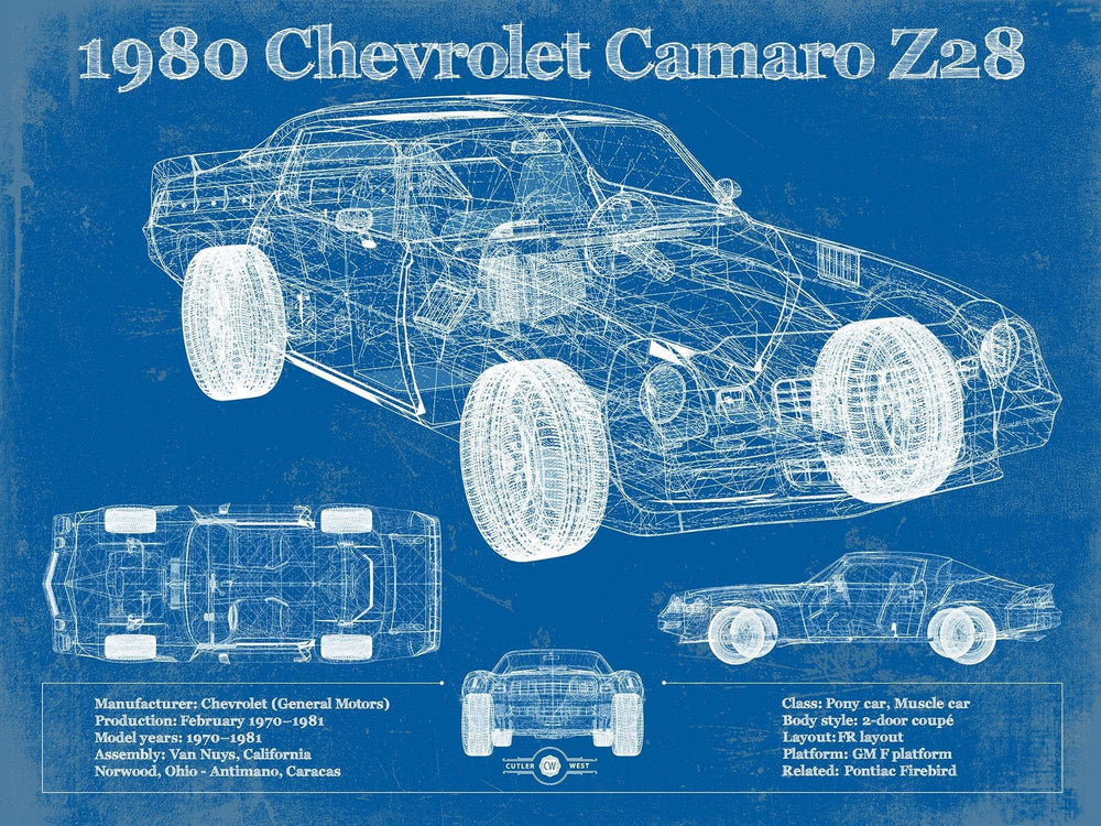 14" x 11" / Stretched Canvas Wrap Cutler West 1980 Chevrolet Camaro Z28 Vintage Blueprint Auto Print