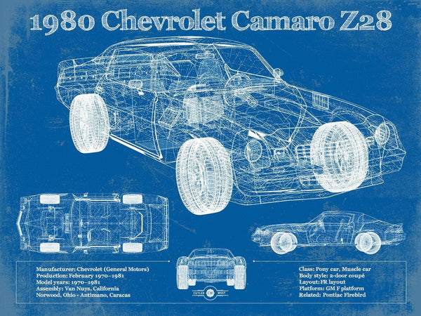 14" x 11" / Unframed Cutler West 1980 Chevrolet Camaro Z28 Vintage Blueprint Auto Print