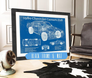 20" x 16" / Black Frame & Mat Cutler West 1980 Chevrolet Camaro Z28 Vintage Blueprint Auto Print