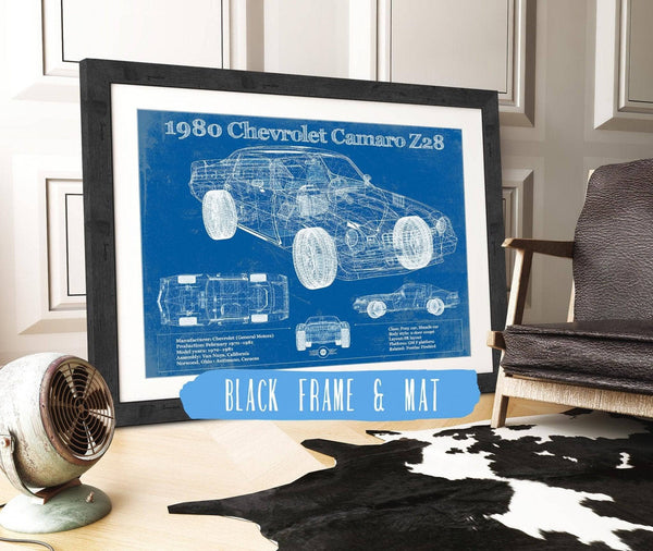 20" x 16" / Black Frame & Mat Cutler West 1980 Chevrolet Camaro Z28 Vintage Blueprint Auto Print