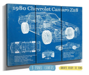 36" x 24" / 3 Panel Canvas Wrap Cutler West 1980 Chevrolet Camaro Z28 Vintage Blueprint Auto Print