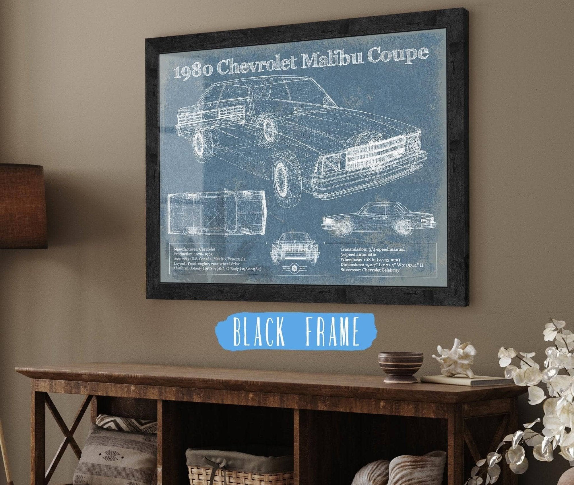 Cutler West Chevrolet Collection 14" x 11" / Black Frame 1980 Chevrolet Malibu Coupe Blueprint Vintage Auto Patent Print 140064
