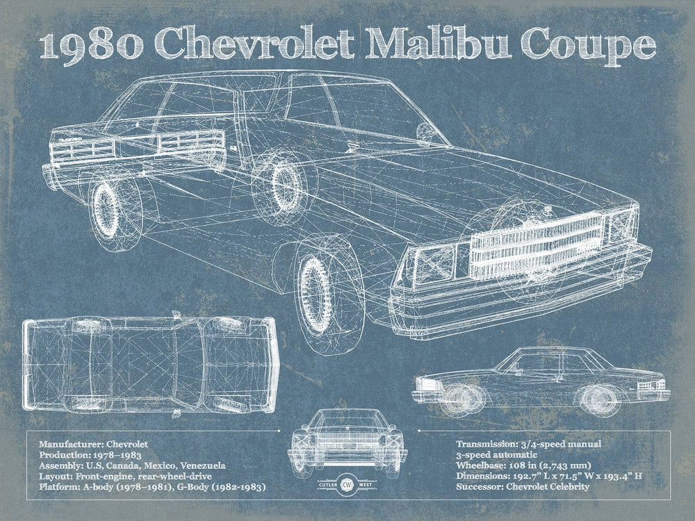 14" x 11" / Stretched Canvas Wrap Cutler West 1980 Chevrolet Malibu Coupe Blueprint Vintage Auto Patent Print