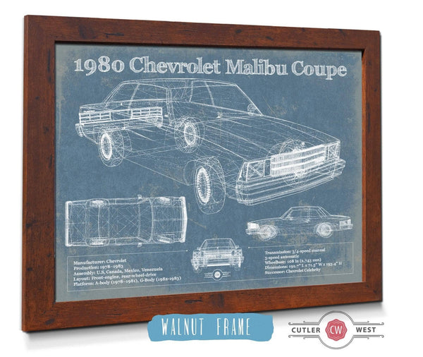 20" x 16" / Walnut Frame Cutler West 1980 Chevrolet Malibu Coupe Blueprint Vintage Auto Patent Print
