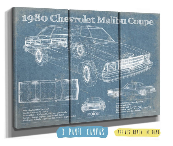 36" x 24" / 3 Panel Canvas Wrap Cutler West 1980 Chevrolet Malibu Coupe Blueprint Vintage Auto Patent Print