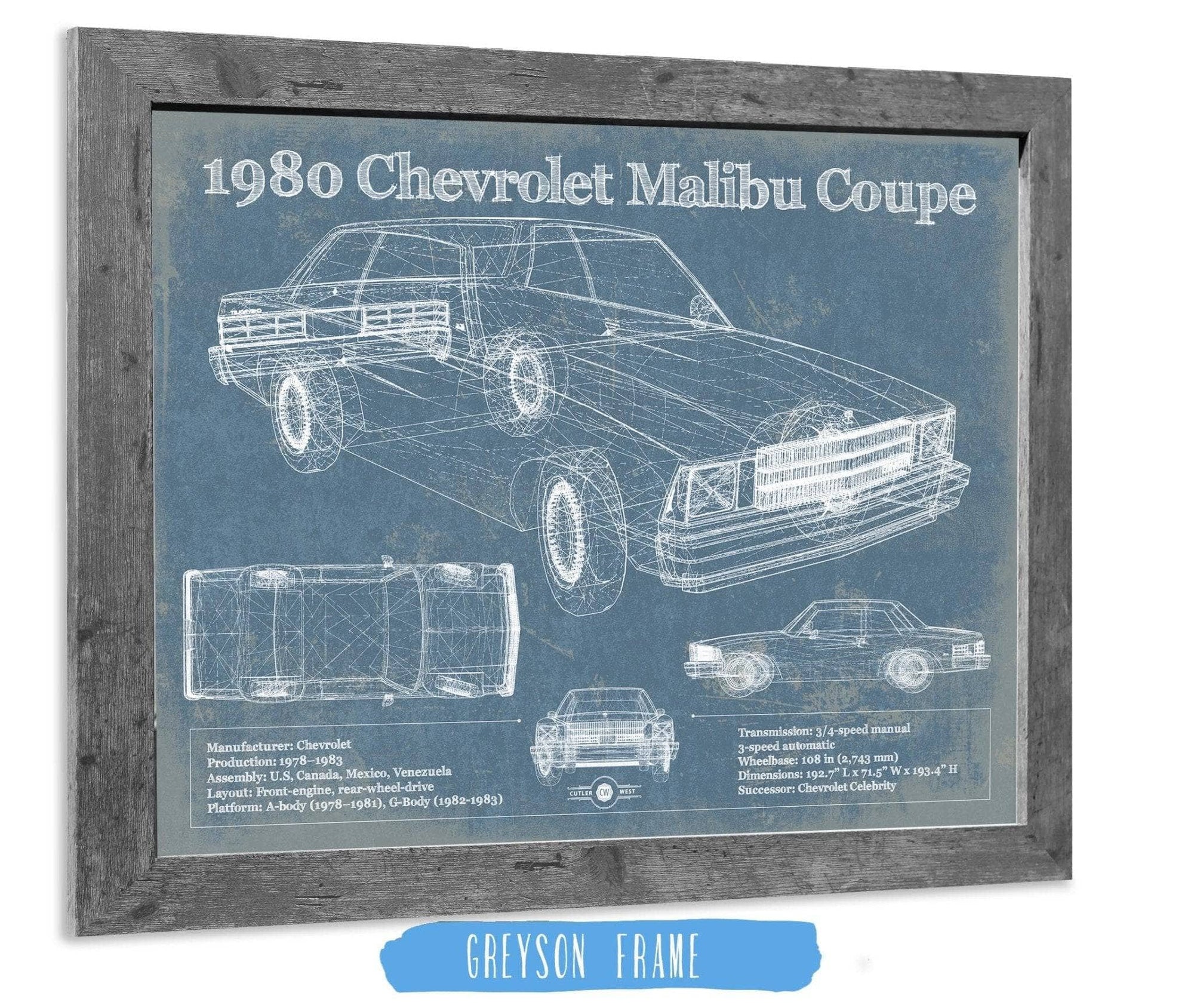 Cutler West Chevrolet Collection 14" x 11" / Greyson Frame 1980 Chevrolet Malibu Coupe Blueprint Vintage Auto Patent Print 140070