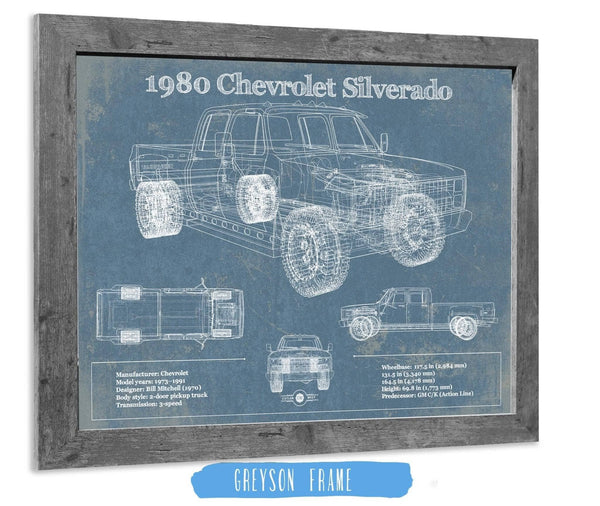 14" x 11" / Greyson Frame Cutler West 1980 Chevrolet Silverado Vintage Blueprint Auto Print