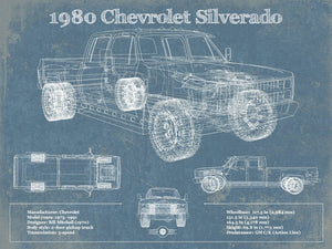 14" x 11" / Unframed Cutler West 1980 Chevrolet Silverado Vintage Blueprint Auto Print
