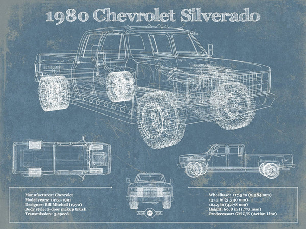14" x 11" / Unframed Cutler West 1980 Chevrolet Silverado Vintage Blueprint Auto Print