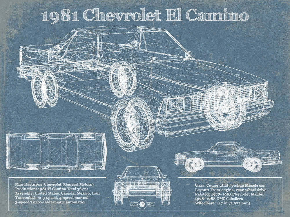 14" x 11" / Stretched Canvas Wrap Cutler West 1981 Chevrolet El Camino Vintage Blueprint Auto Print