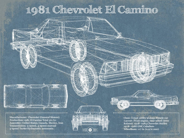 14" x 11" / Unframed Cutler West 1981 Chevrolet El Camino Vintage Blueprint Auto Print