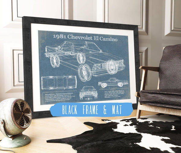 20" x 16" / Black Frame & Mat Cutler West 1981 Chevrolet El Camino Vintage Blueprint Auto Print