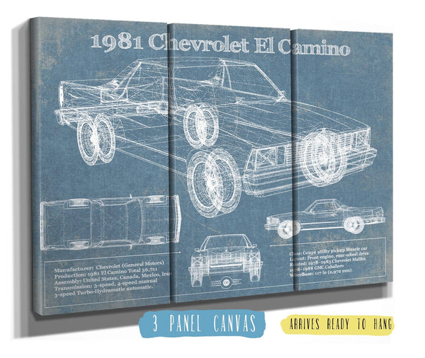 36" x 24" / 3 Panel Canvas Wrap Cutler West 1981 Chevrolet El Camino Vintage Blueprint Auto Print