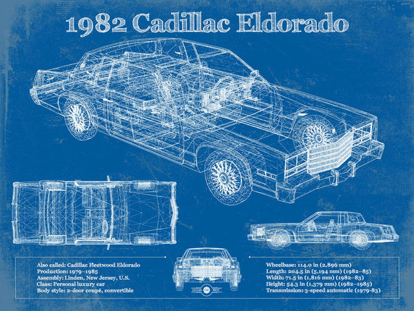 14" x 11" / Unframed Cutler West 1982-1983 Cadillac Eldorado Vintage Blueprint Auto Print