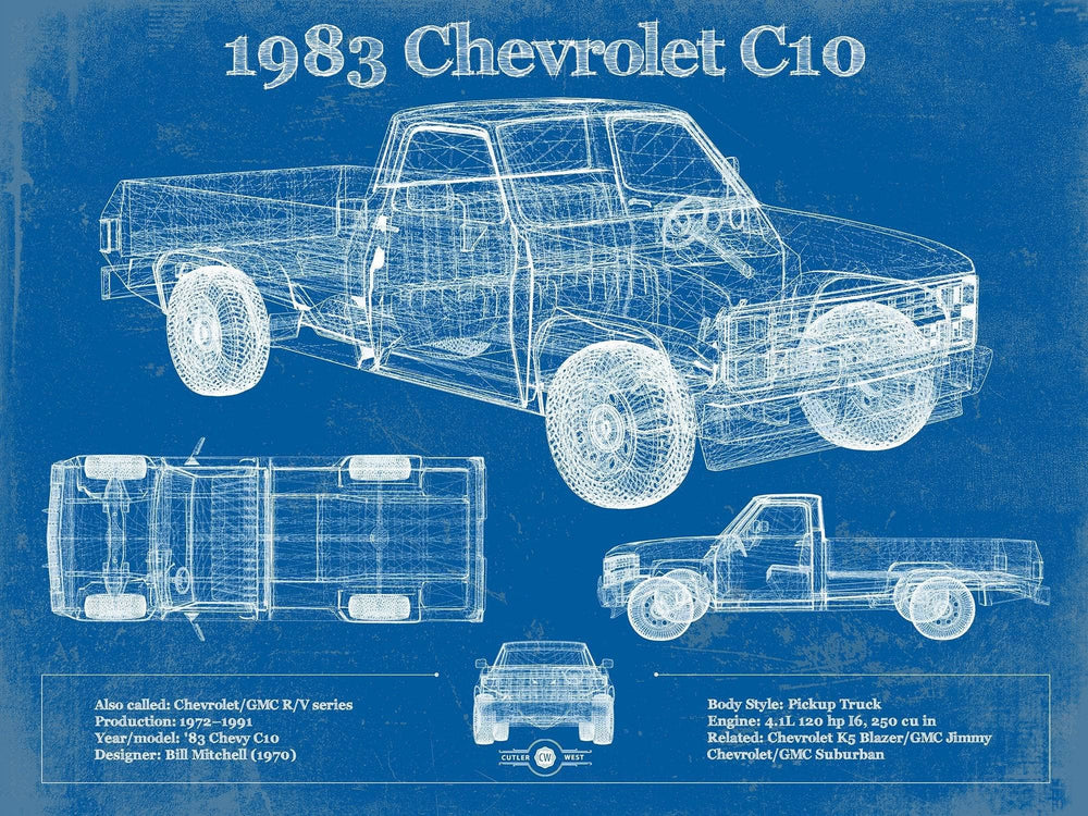 14" x 11" / Stretched Canvas Wrap Cutler West 1983 Chevrolet C10 - Third generation (Rounded Line) - Vintage Blueprint Auto Print