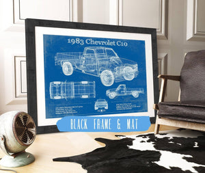 20" x 16" / Black Frame & Mat Cutler West 1983 Chevrolet C10 - Third generation (Rounded Line) - Vintage Blueprint Auto Print