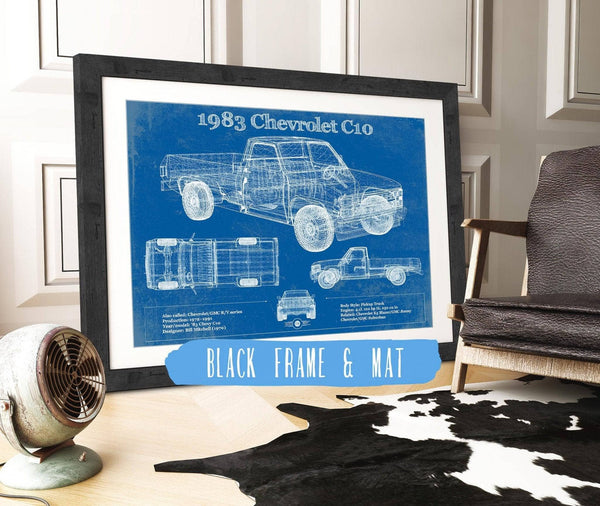 20" x 16" / Black Frame & Mat Cutler West 1983 Chevrolet C10 - Third generation (Rounded Line) - Vintage Blueprint Auto Print