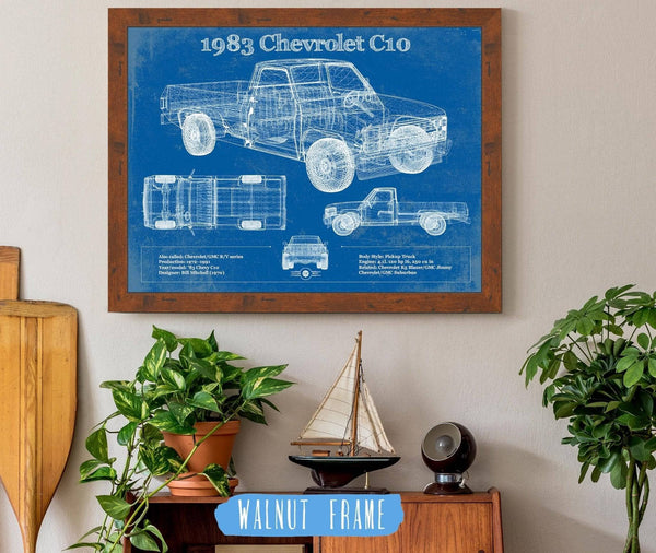 20" x 16" / Walnut Frame Cutler West 1983 Chevrolet C10 - Third generation (Rounded Line) - Vintage Blueprint Auto Print