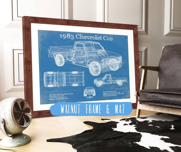 20" x 16" / Walnut Frame & Mat Cutler West 1983 Chevrolet C10 - Third generation (Rounded Line) - Vintage Blueprint Auto Print