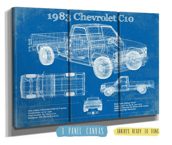 36" x 24" / 3 Panel Canvas Wrap Cutler West 1983 Chevrolet C10 - Third generation (Rounded Line) - Vintage Blueprint Auto Print