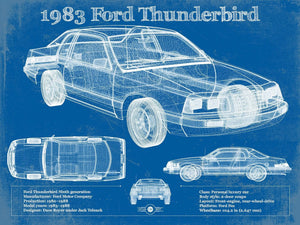 14" x 11" / Unframed Cutler West 1983 Ford Thunderbird Vintage Blueprint Auto Print